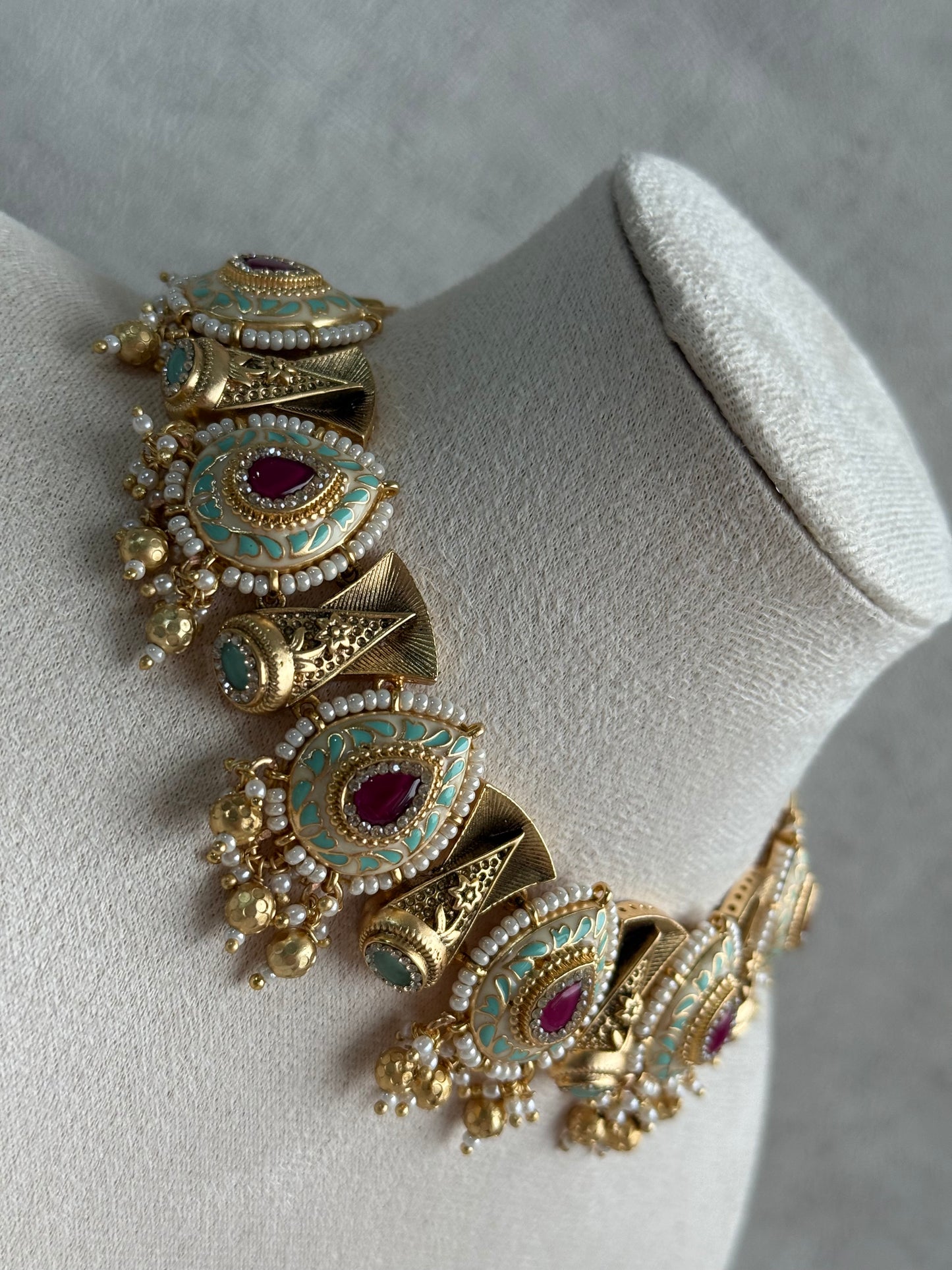 Ayura Designs Aaira Set with Necklace & Studs – Mint Green Meenakari with Rani Pink Centre & Pearl Detailing