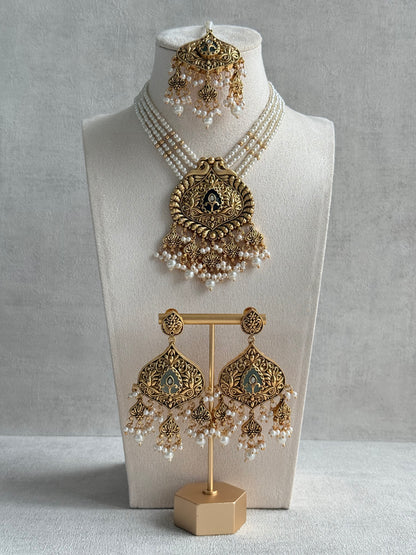 Ayura Designs Afia Necklace Set with Earrings & Tikka – Antique Gold, Ivory Pearls, Green Centre Stone & Peacock Motifs