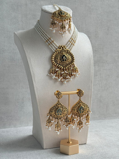 Ayura Designs Afia Necklace Set with Earrings & Tikka – Antique Gold, Ivory Pearls, Green Centre Stone & Peacock Motifs