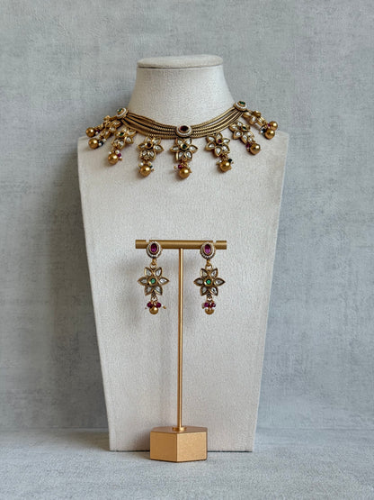 Ayura Designs Daksha Necklace Set with Earrings – Gold Layered Chain Necklace with Ruby Pink & Emerald Green Kundan Floral Motifs