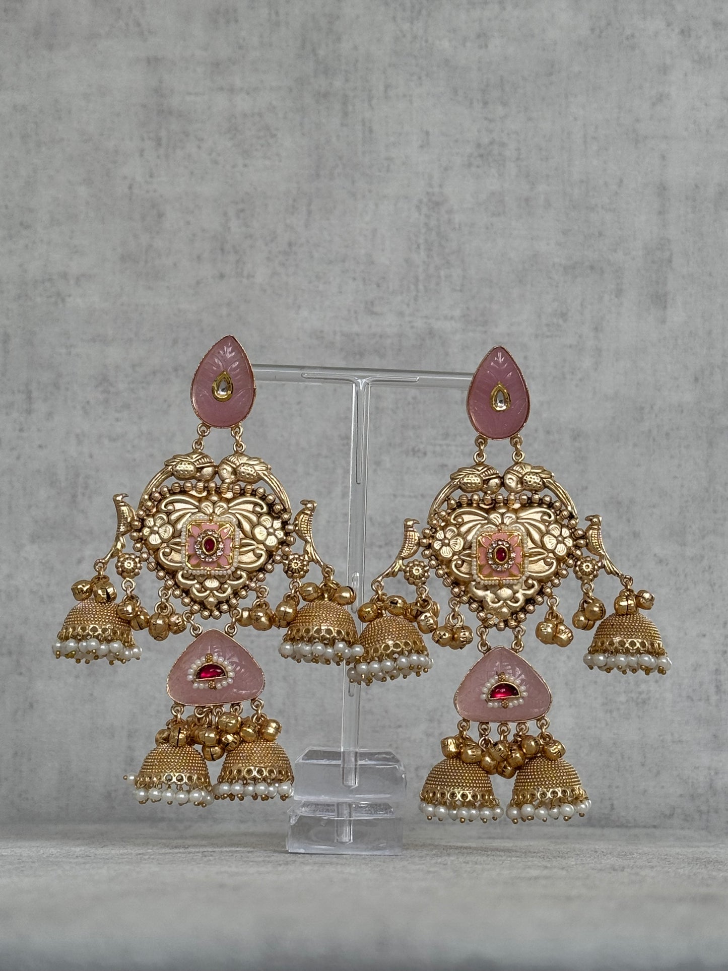 Ayura Designs Areesha Earrings – Gold-Plated Earrings with Blush Pink Enamel, Layered Jhumkas & Pearl Detailing