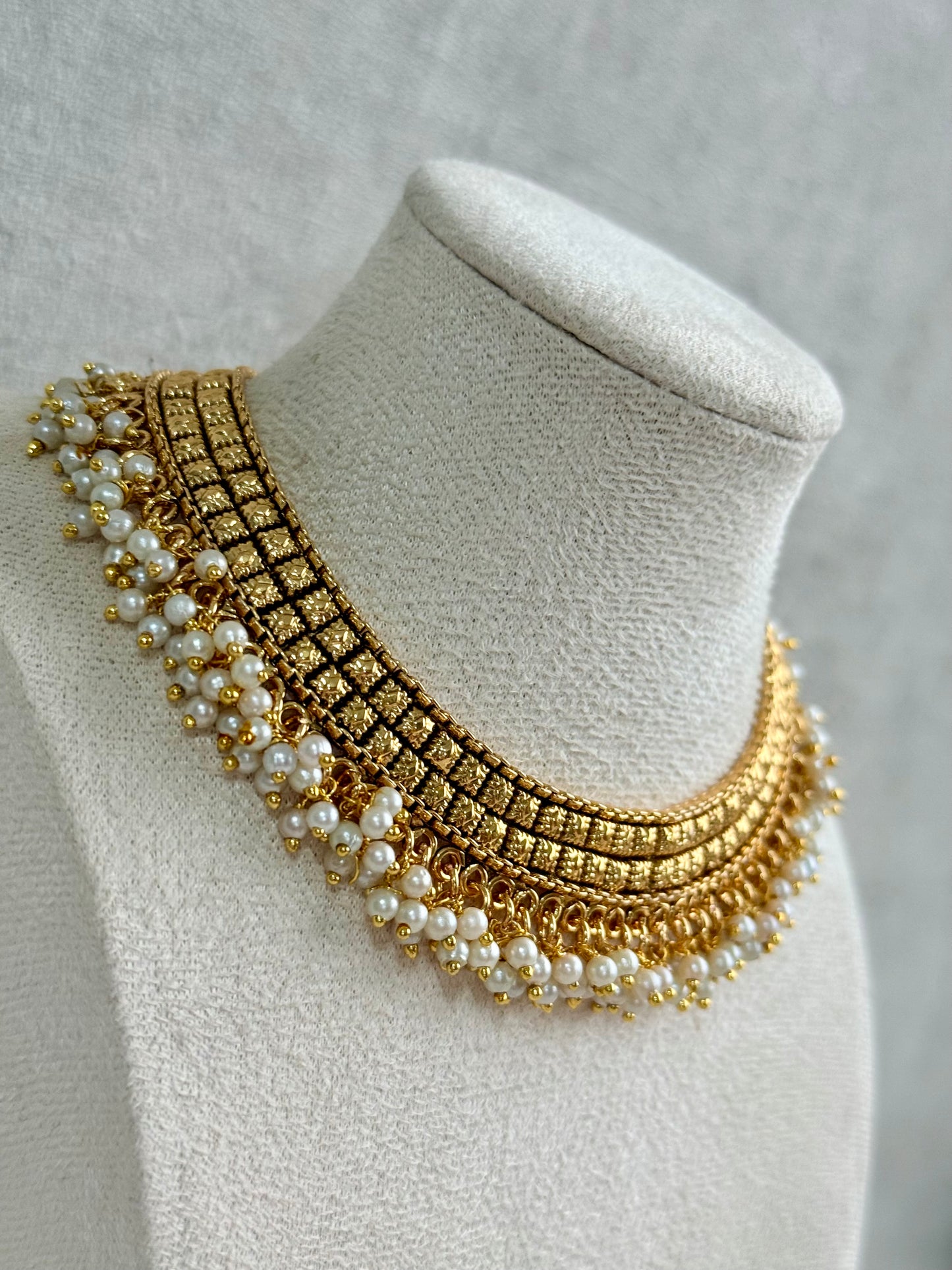 Ayura Designs Ranya Set – Antique Gold Necklace with Stud Earrings & Pearl Detailing