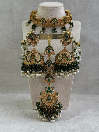 Ayura Designs Noor Set – Choker, Jhumkis with Sahare & Tikka in Emerald Green with Pearl Detailing