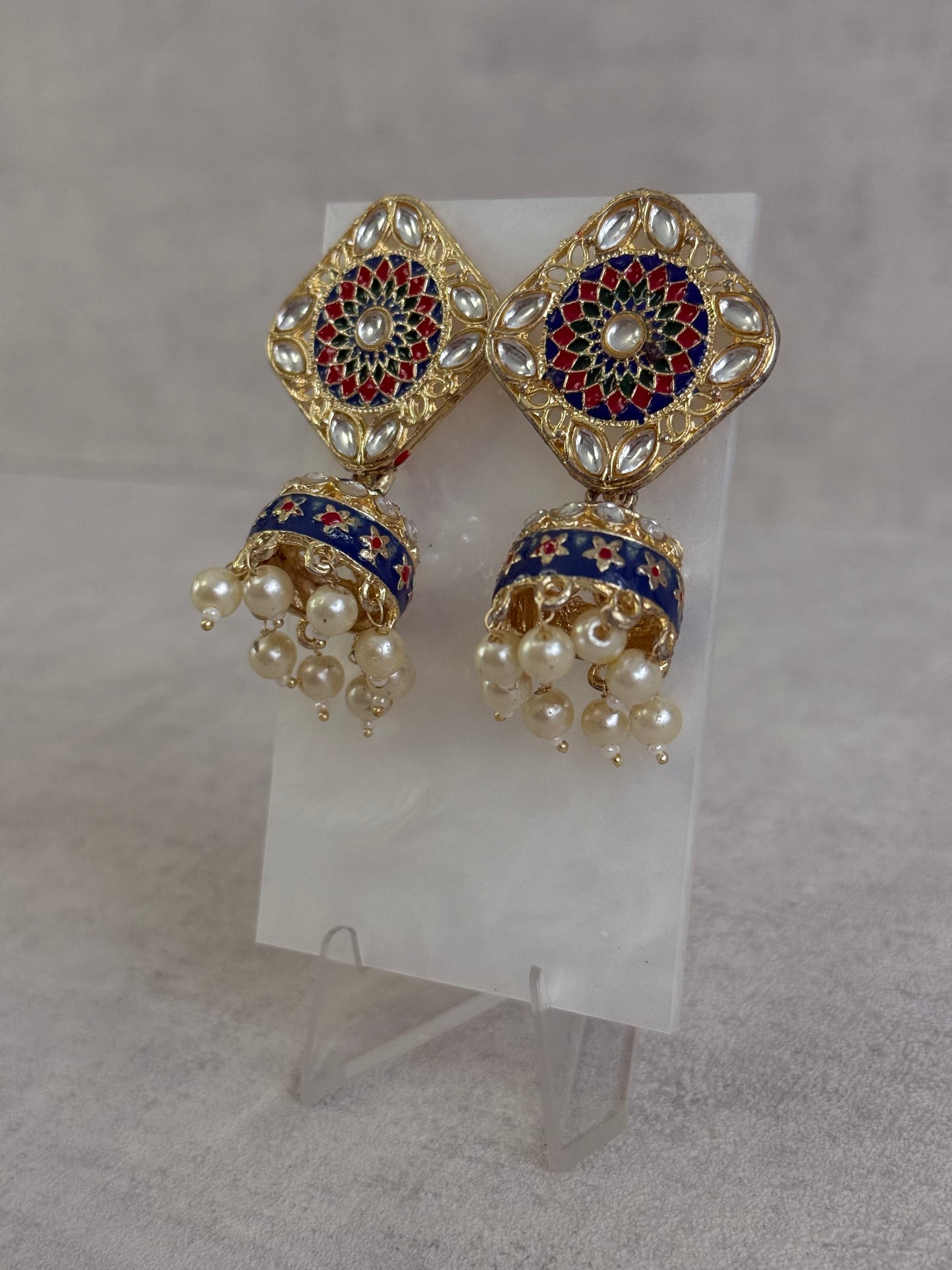 Ayura Designs Rangoli Jhumkis – Midnight Blue & Ruby Red Meenakari with Pearl Drops in Antique Gold Finish