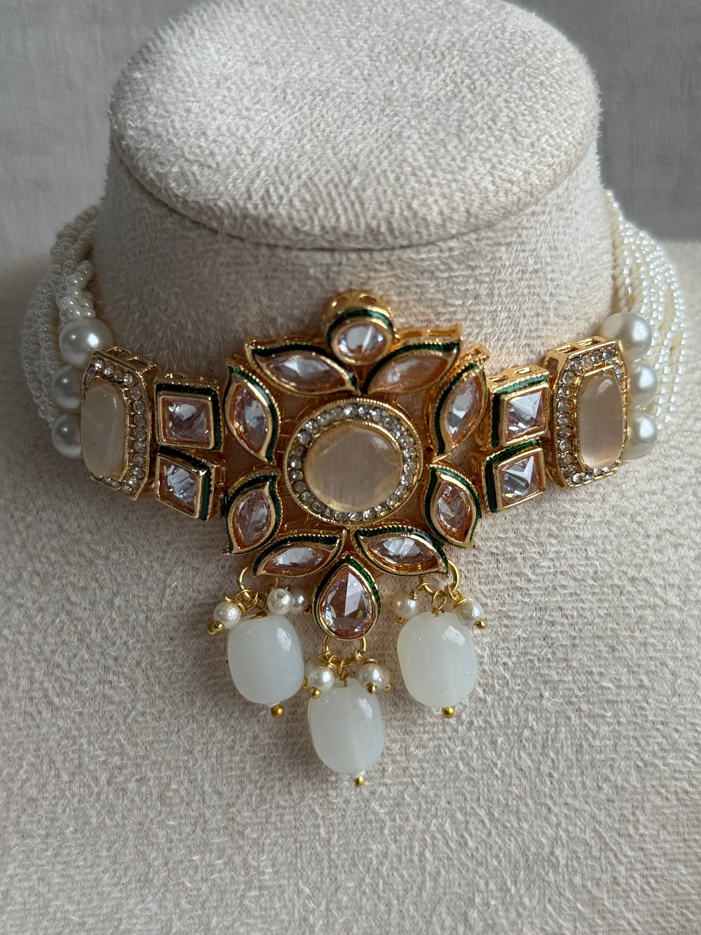 Ayura Designs Raaz Set – Choker & Earrings with Kundan Stones, Green Enamel Detailing & White Beads