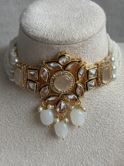 Ayura Designs Raaz Set – Choker & Earrings with Kundan Stones, Green Enamel Detailing & White Beads
