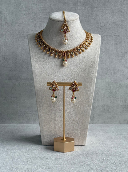 Ayura Designs Oorvi Set – Necklace, Earrings & Tikka with Mirror-Cut Multicolour Stones & Polished Gold Finish