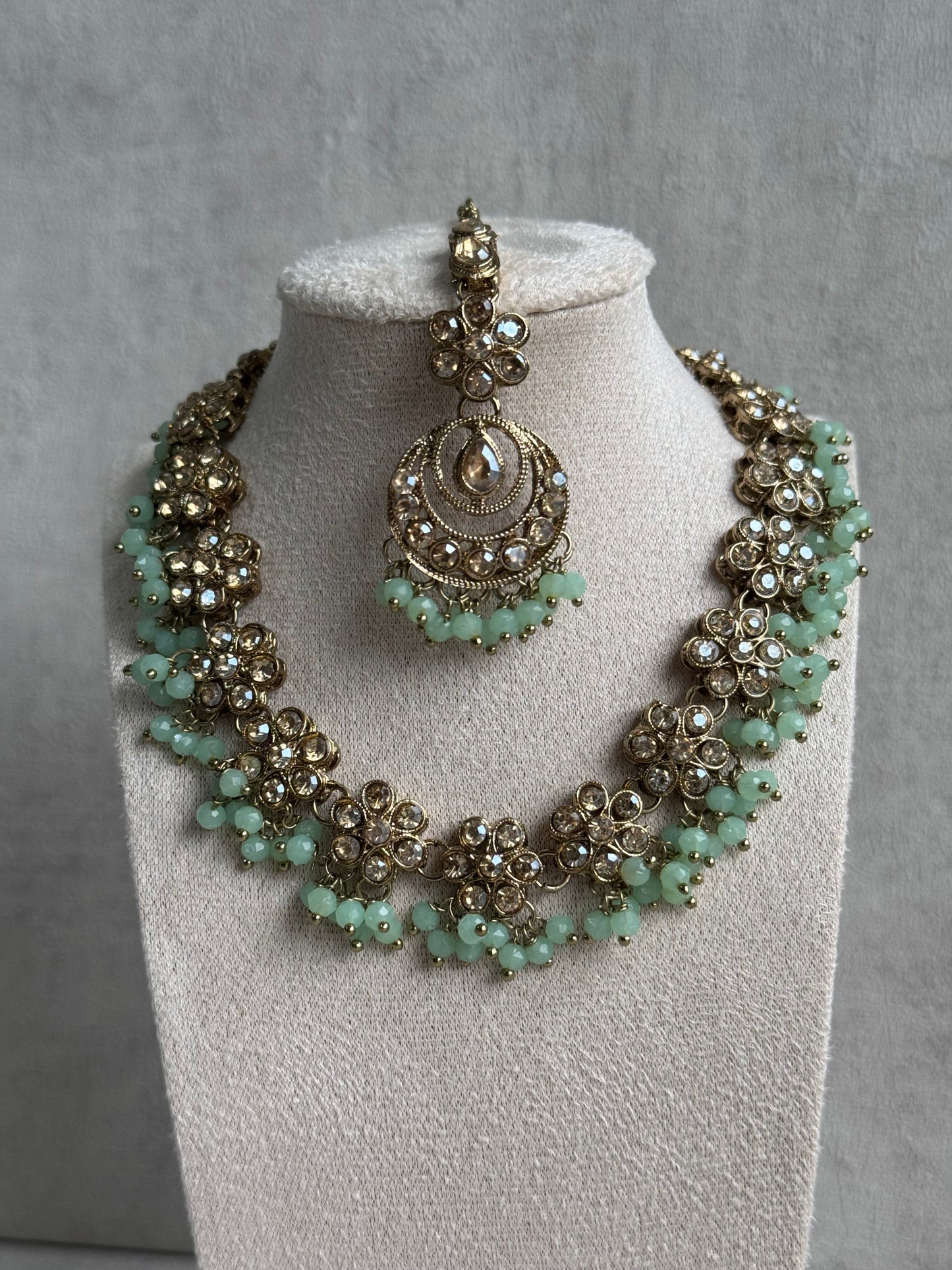 Ayura Designs Asima Set with Jhumkis & Tikka - Champagne Stones & Teal Beads