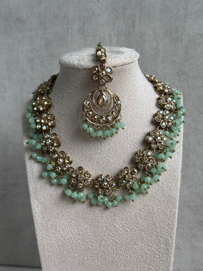 Ayura Designs Asima Set with Jhumkis & Tikka - Champagne Stones & Teal Beads