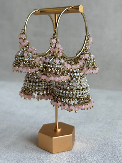 Ayura Designs Jindri Balis – Blush Pink & Antique Gold Triple Jhumki Earrings with Mirror-Cut Stones & Pearl Detailing