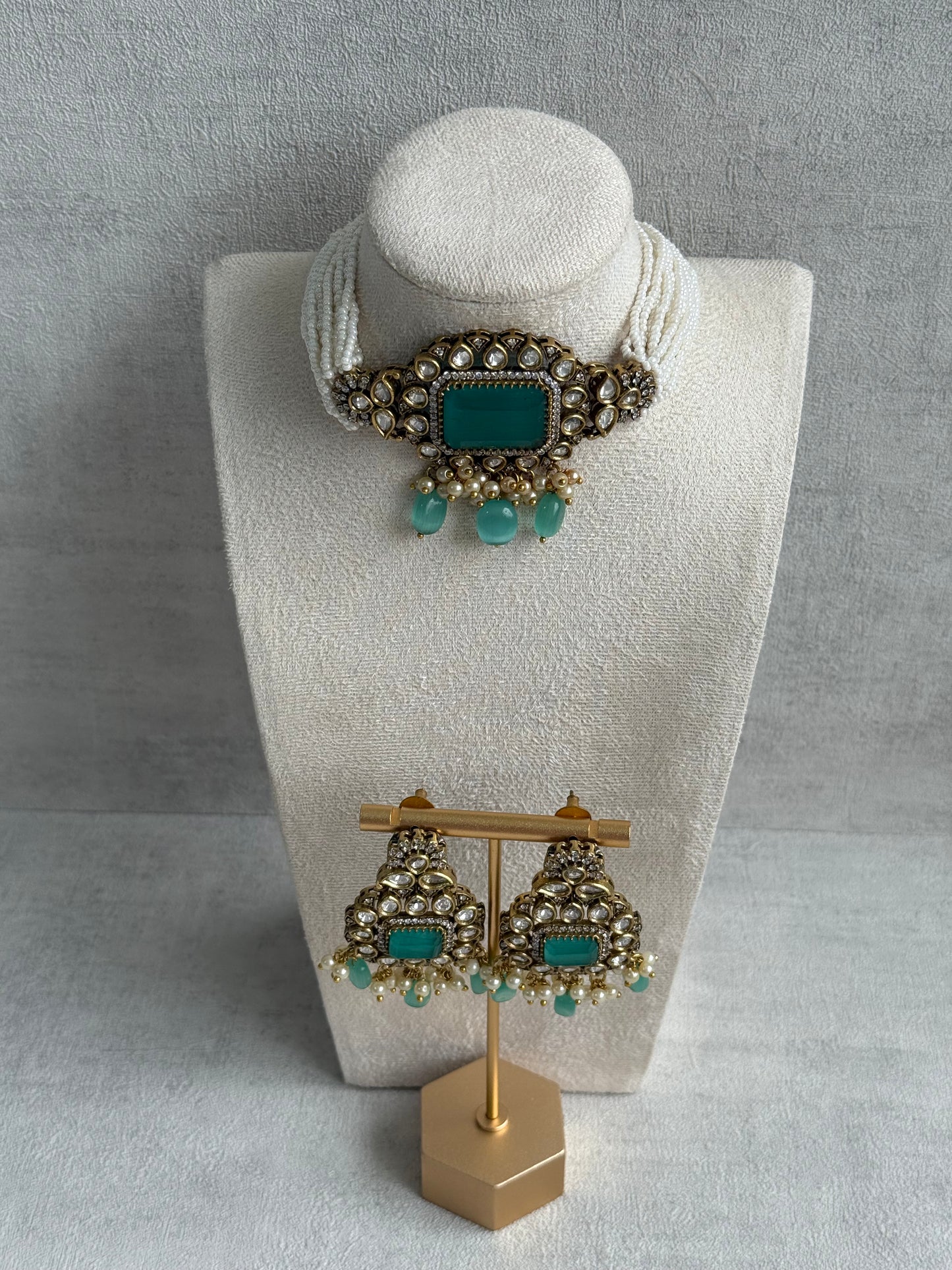 Ayura Designs Eva Choker Set with Earrings – Mirror-Cut Kundan, Pearl Strands & Mint-Green Stones in Antique Gold Finish