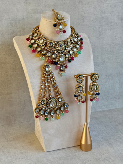 Ayura Designs Jashan Set with Necklace, Earrings, Tikka & Passa – Kundan Detailing, Pearl Drops & Multicolour Beads
