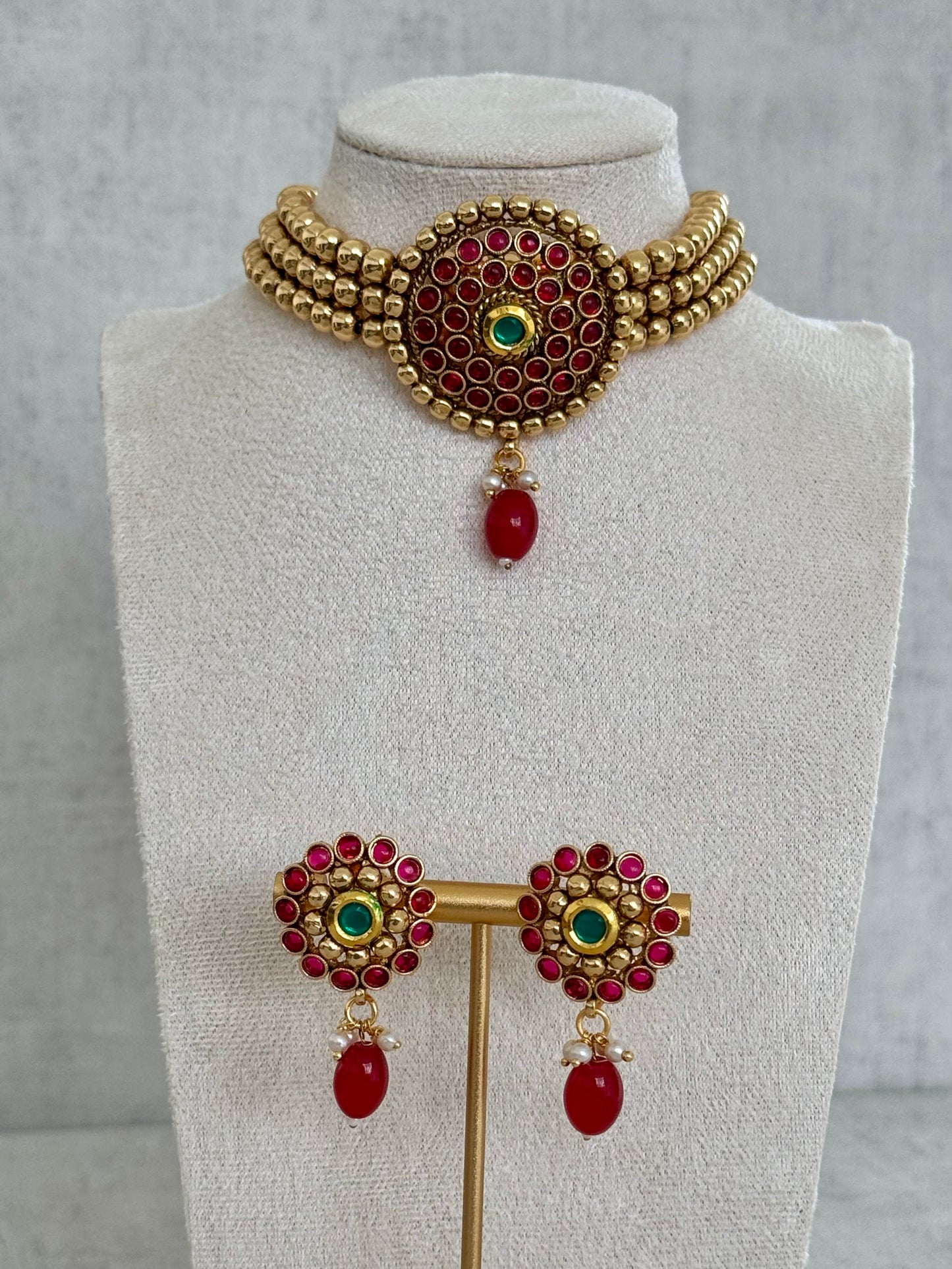 Ayura Designs Ziya Set – Gold, Ruby Red & Emerald Green with Stud Earrings