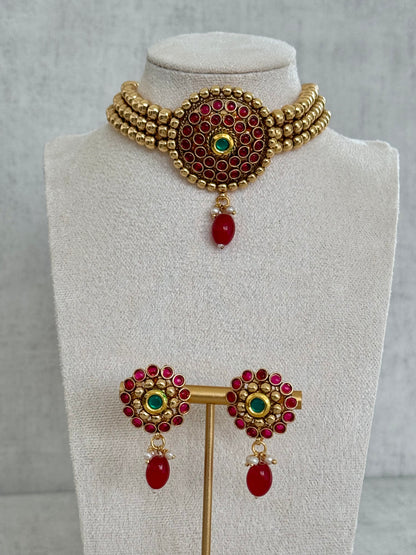 Ayura Designs Ziya Set – Gold, Ruby Red & Emerald Green with Stud Earrings