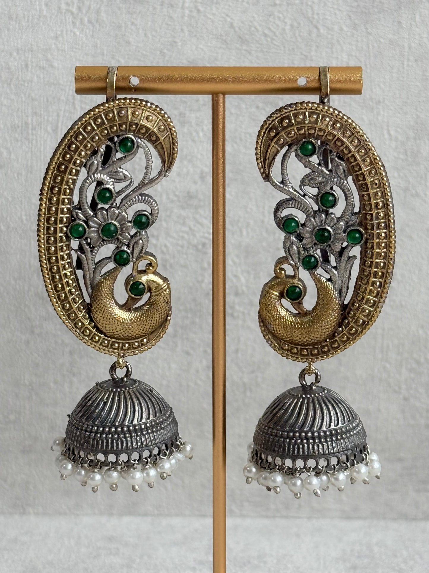 Ayura Designs Fasana Earrings – Dual Tone Oxidised Peacock Ear Climbers with Emerald Green Stones & Pearl Drops