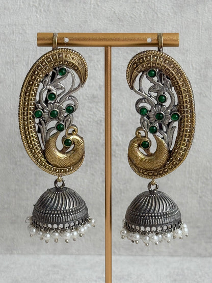 Ayura Designs Fasana Earrings – Dual Tone Oxidised Peacock Ear Climbers with Emerald Green Stones & Pearl Drops