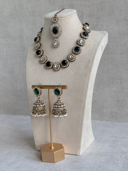 Ayura Designs Eira Necklace Set with Earrings & Tikka – Emerald Green & Crystal Stones with Antique Gold Finish