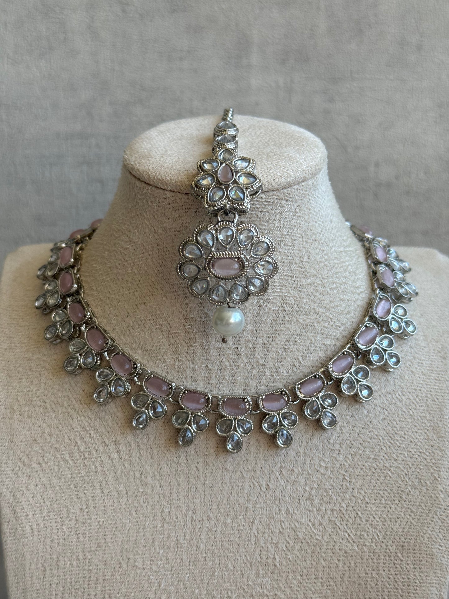 Ayura Designs Sumbul Set with Necklace, Earrings & Tikka – Blush Pink Stones, Mirror-Cut Accents & Pearl Drops