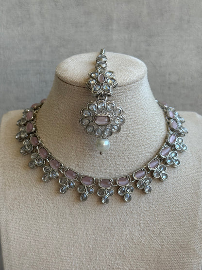 Ayura Designs Sumbul Set with Necklace, Earrings & Tikka – Blush Pink Stones, Mirror-Cut Accents & Pearl Drops