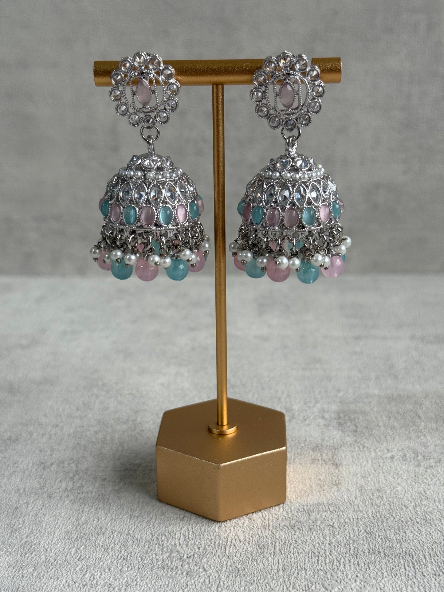 Ayura Designs Rayal Set – Silver Necklace, Jhumkis & Tikka with Aqua Blue, Blush Pink & Pearl Detailing