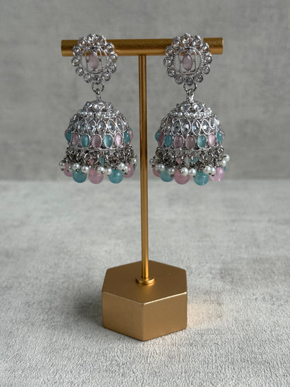 Ayura Designs Rayal Set – Silver Necklace, Jhumkis & Tikka with Aqua Blue, Blush Pink & Pearl Detailing