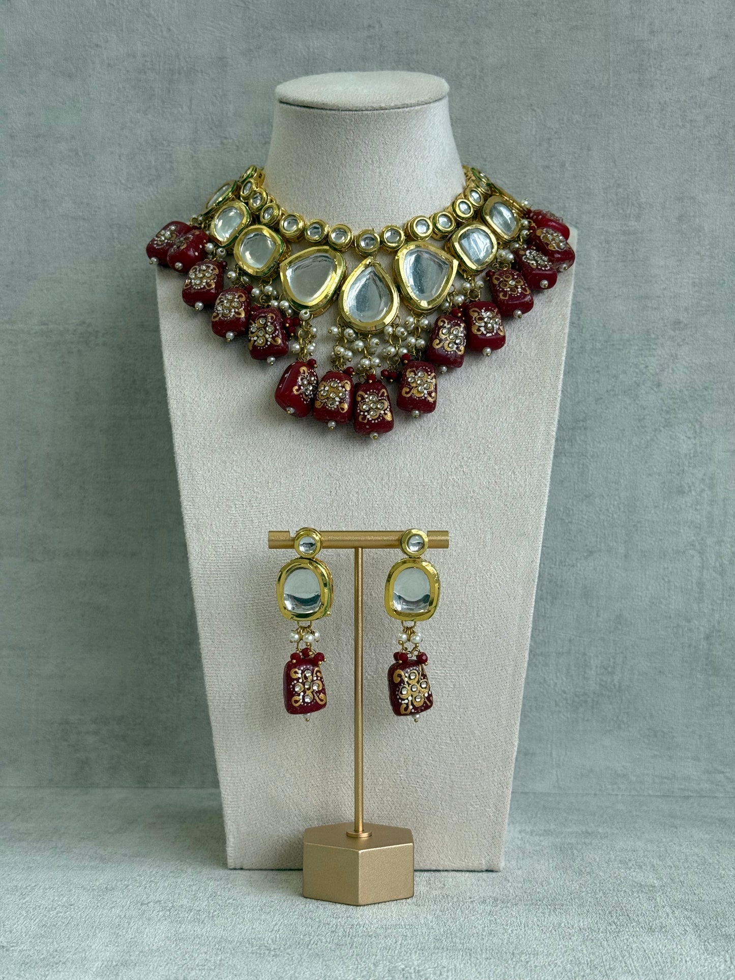 Ayura Designs Omika Set With Necklace And Earrings – Kundan Stones And Ruby Red Meenakari Drops