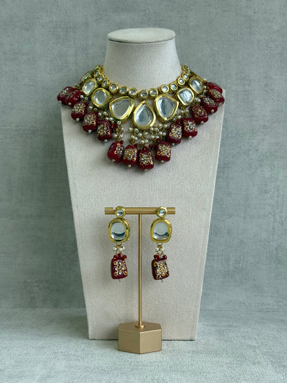 Ayura Designs Omika Set With Necklace And Earrings – Kundan Stones And Ruby Red Meenakari Drops