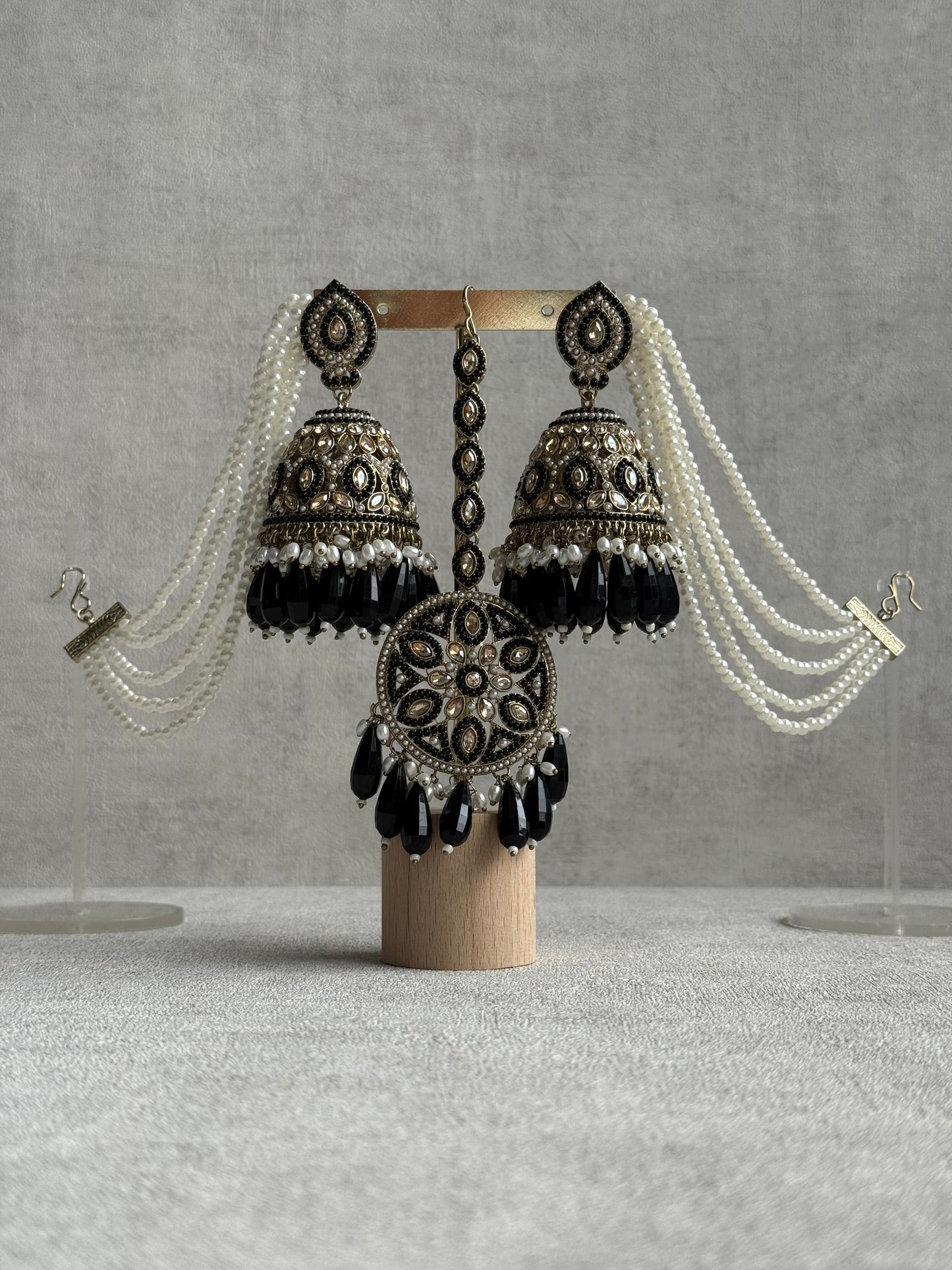 Ayura Designs Amrita Set – Jhumkis with Sahare & Tikka in Black, Pearls and Antique Gold Finish