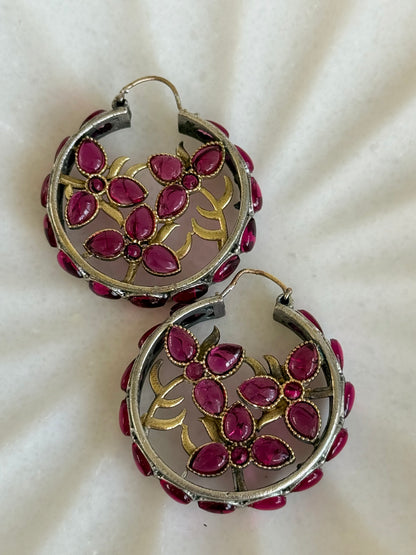 Ayura Designs Nureh Earrings – Dual Tone Floral Hoop Earrings with Ruby Pink Stones & Cutwork Detailing