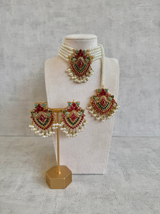 Ayura Designs Nazia Set – Choker, Earrings & Tikka with Ruby Red, Emerald Green, Turquoise Enamel & Pearl Detailing