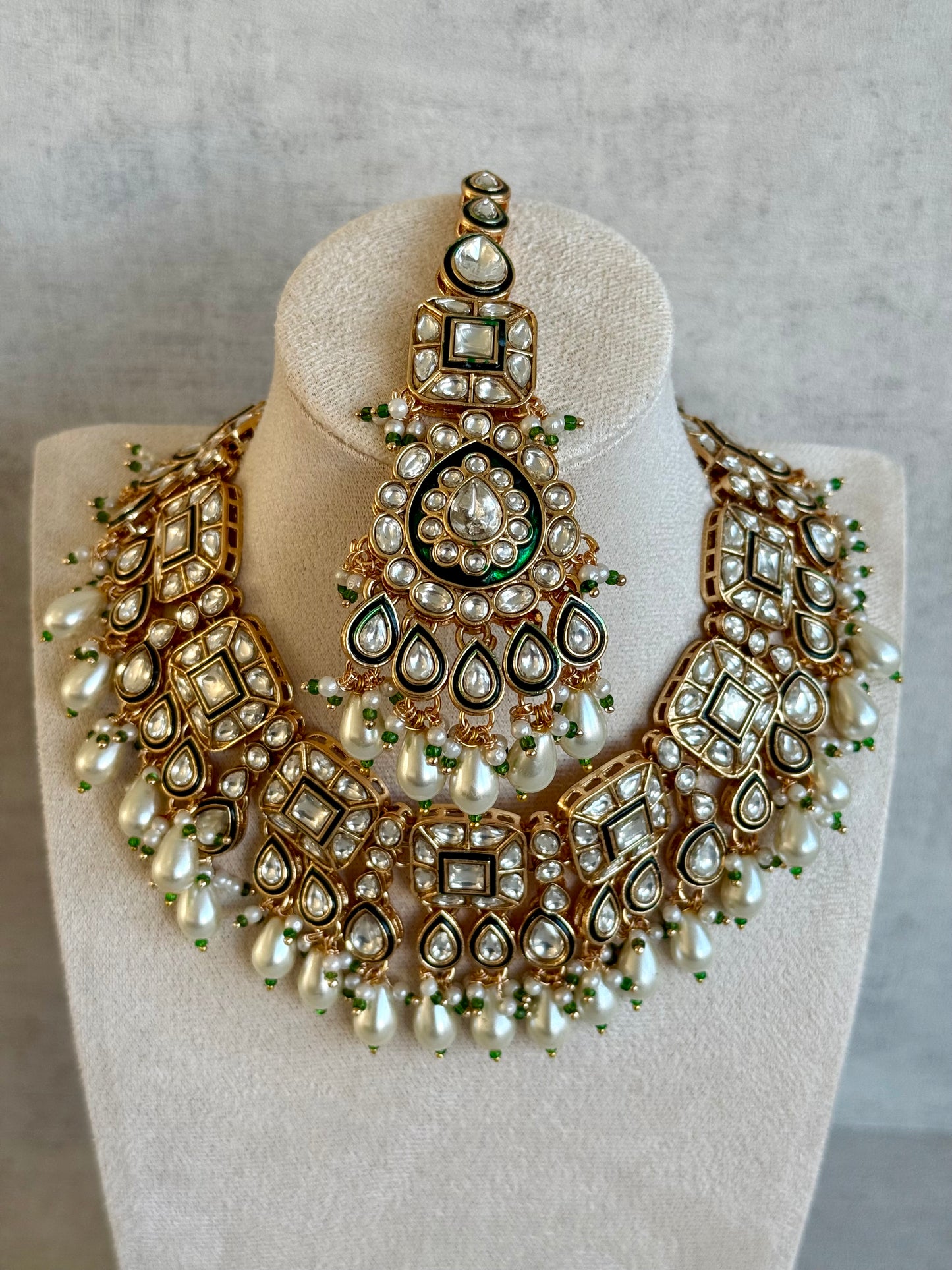 Ayura Designs Ishrat Set with Necklace, Earrings & Tikka – Kundan Detailing & Ivory Pearl Drops