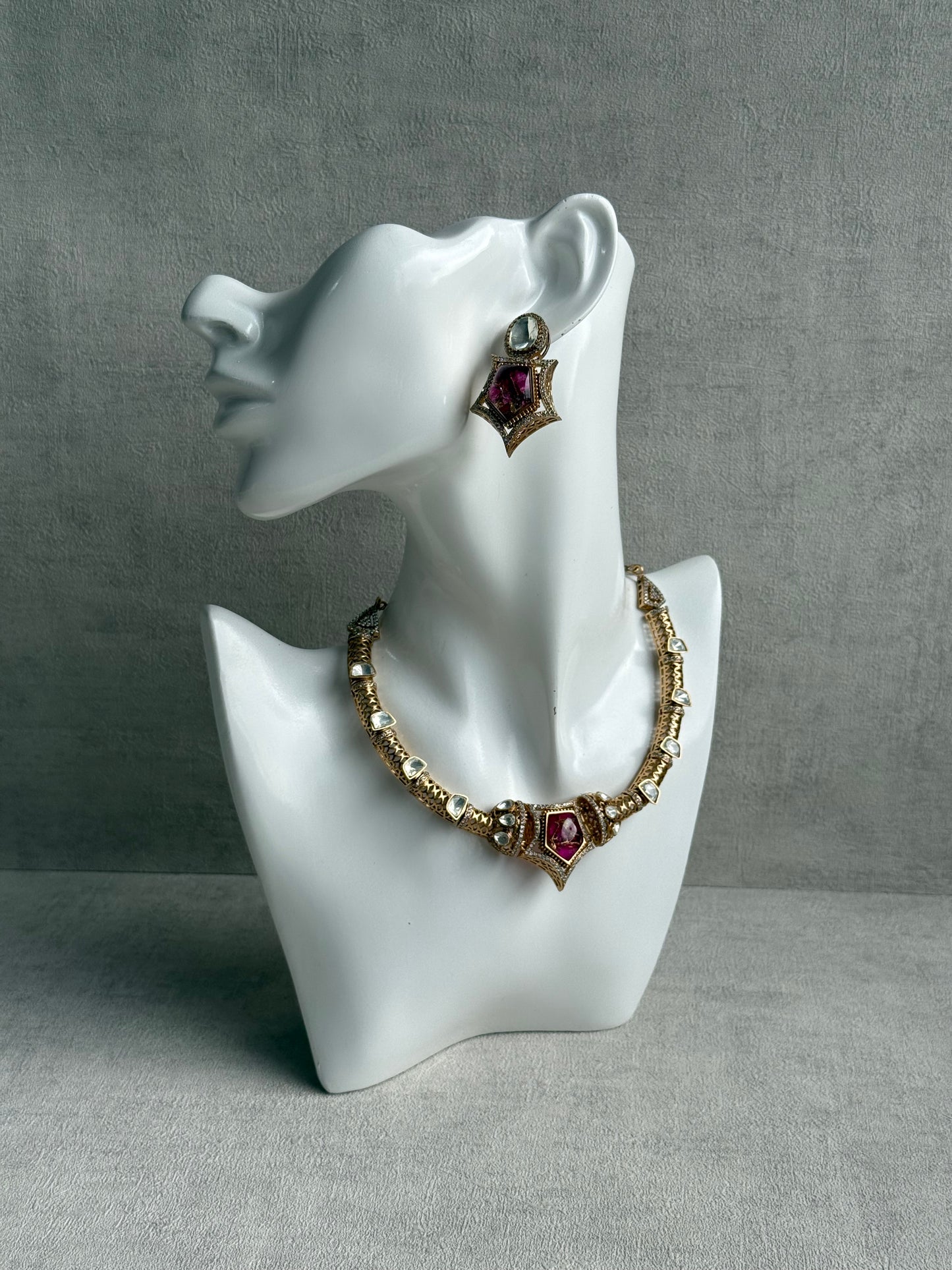 Ayura Designs Krupa Set – Necklace & Earrings with Magenta Stone featuring Natural Marbling, Mirror-Cut Kundan & Antique Gold Detailing