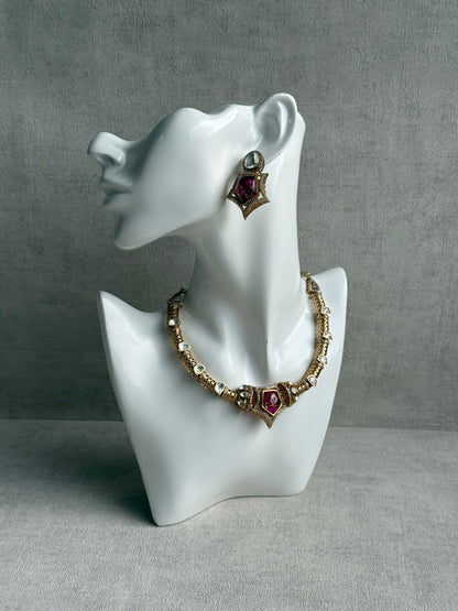 Ayura Designs Krupa Set – Necklace & Earrings with Magenta Stone featuring Natural Marbling, Mirror-Cut Kundan & Antique Gold Detailing
