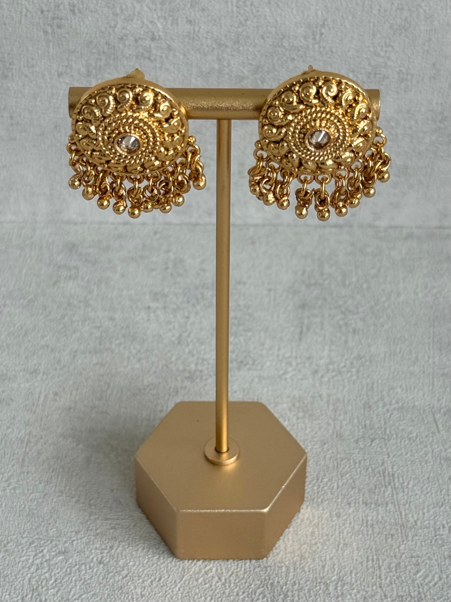 Ayura Designs Deesha Stud Earrings – Gold Finish with Crystal & Ghungroo Detailing