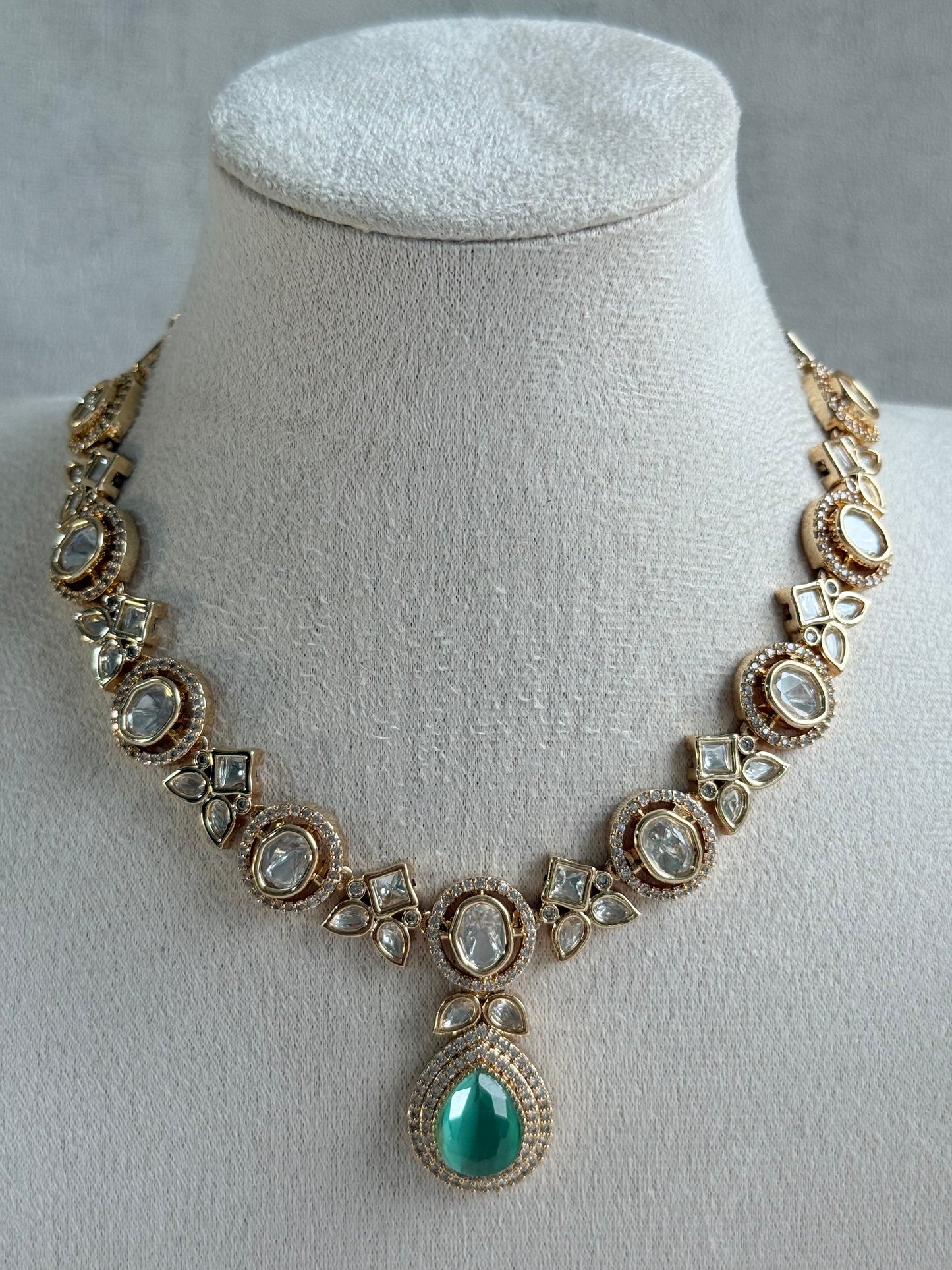 Ayura Designs Gazia Necklace Set with Earrings – Kundan, Mint Green Stones & Gold Finish