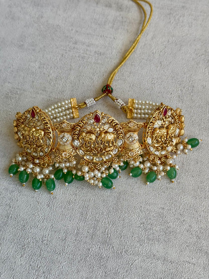 Ayura Designs Tanu Choker Set with Earrings & Tikka – A Golden Harmony of Pearls, Emerald Hues & Crimson Accents