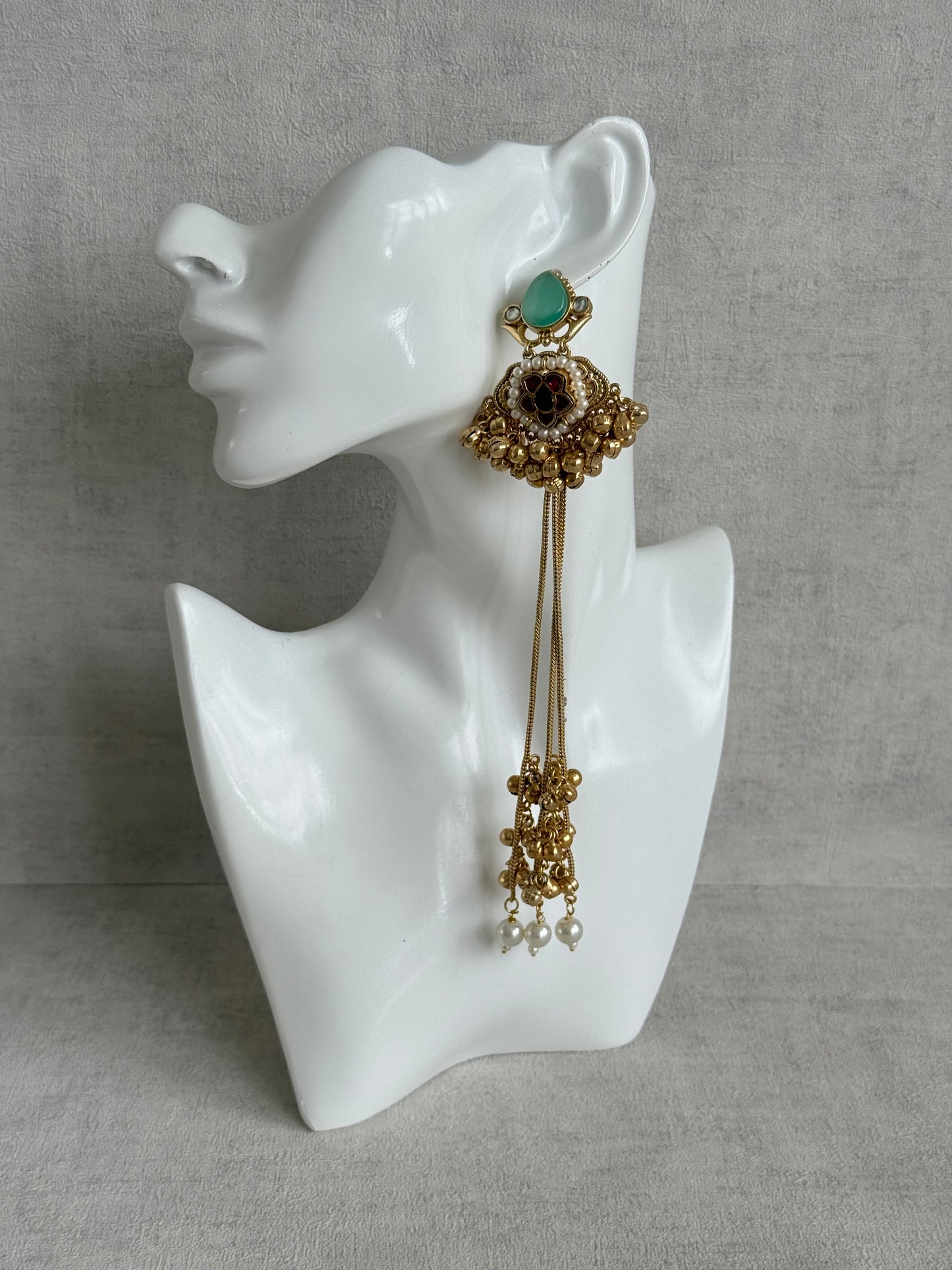 Ayura Designs Nishat Earrings – Kashmiri Duster Earrings with Mint Green Stones, Pearl Drops & Ghungroo Detailing