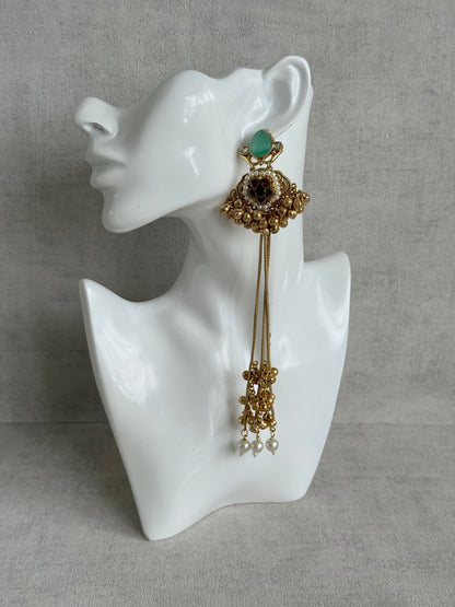Ayura Designs Nishat Earrings – Kashmiri Duster Earrings with Mint Green Stones, Pearl Drops & Ghungroo Detailing