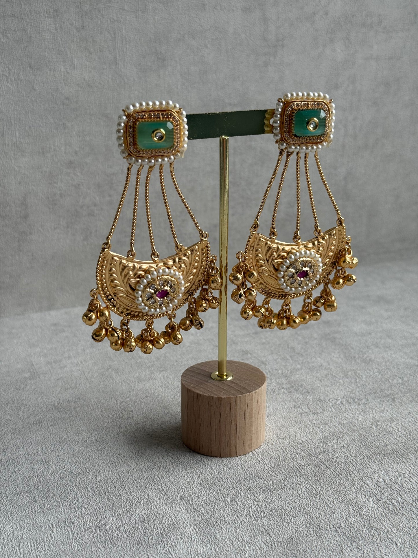 Ayura Designs Jheel Earrings – Pistachio Half-Moon Drops with Pearl Edging & Golden Ghungroos