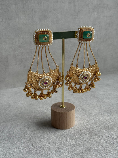 Ayura Designs Jheel Earrings – Pistachio Half-Moon Drops with Pearl Edging & Golden Ghungroos