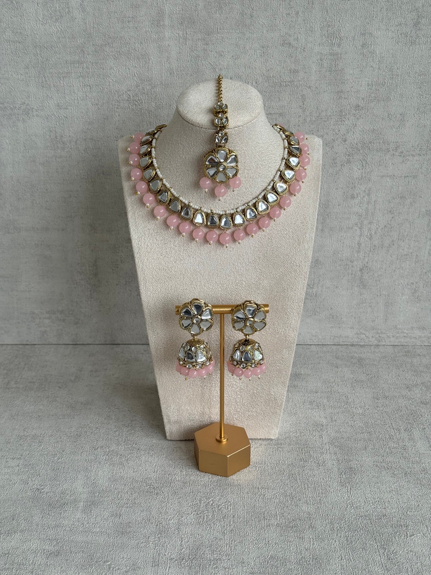 Ayura Designs Mishal Set with Jhumkis & Tikka – Blush Pink Beads & Mirror-Cut Stones