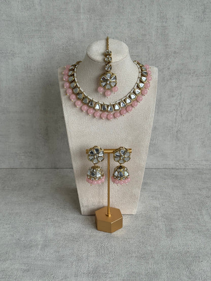 Ayura Designs Mishal Set with Jhumkis & Tikka – Blush Pink Beads & Mirror-Cut Stones