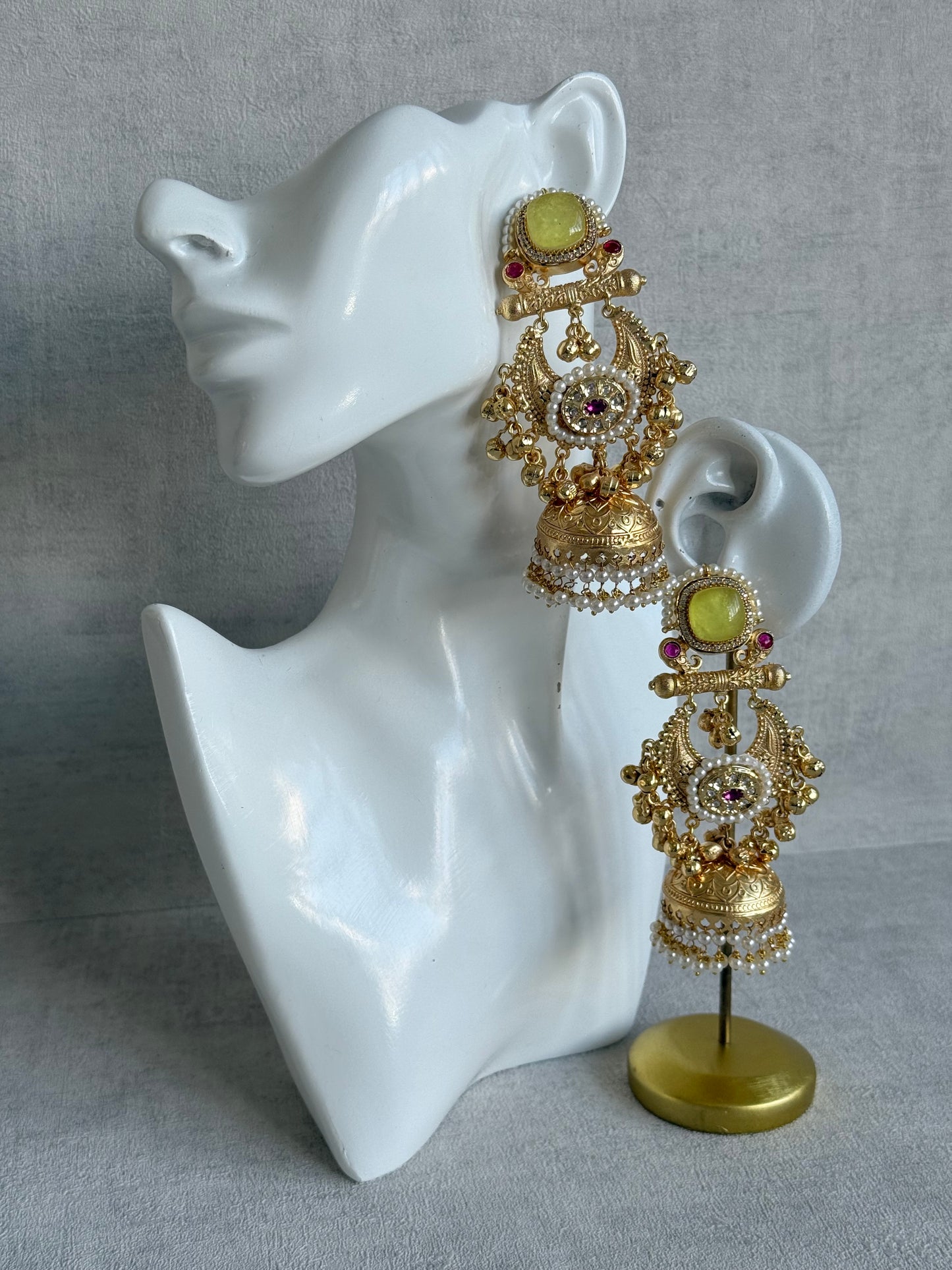 Ayura Designs Mahwish Jhumkis – Lime Yellow Stones, Pearls & Ghungroo Detailing