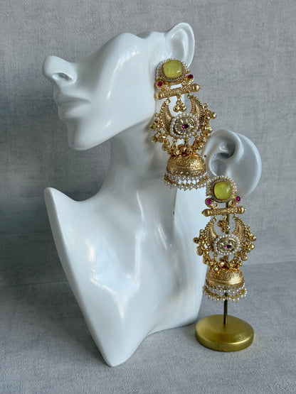 Ayura Designs Mahwish Jhumkis – Lime Yellow Stones, Pearls & Ghungroo Detailing