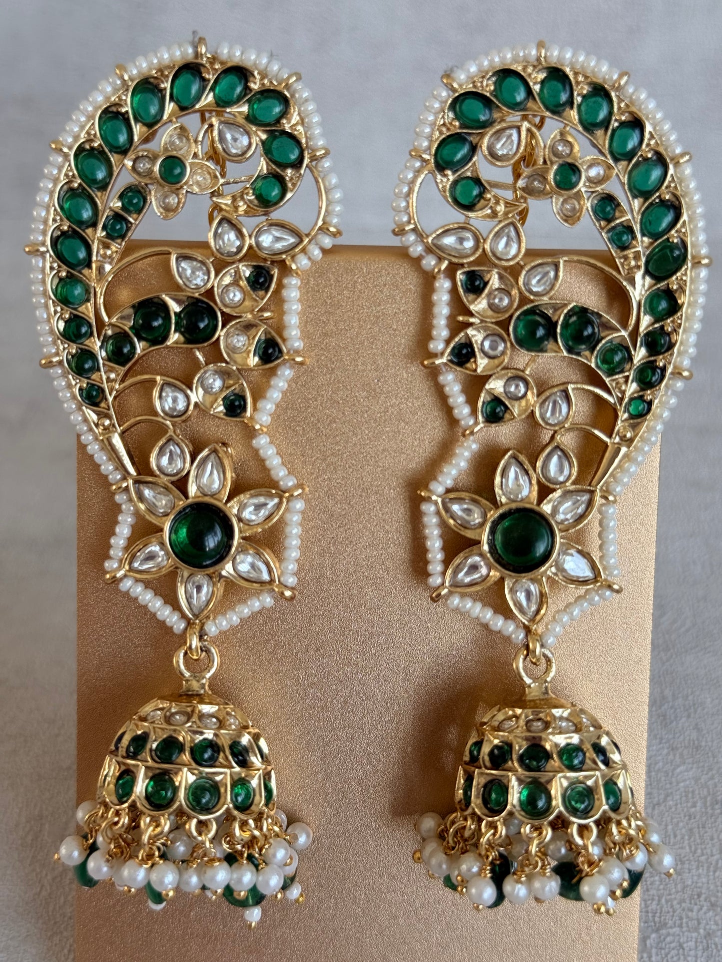 Ayura Designs Urisha Ear Climber Jhumkis – Emerald Green, Kundan & Pearl Detailing