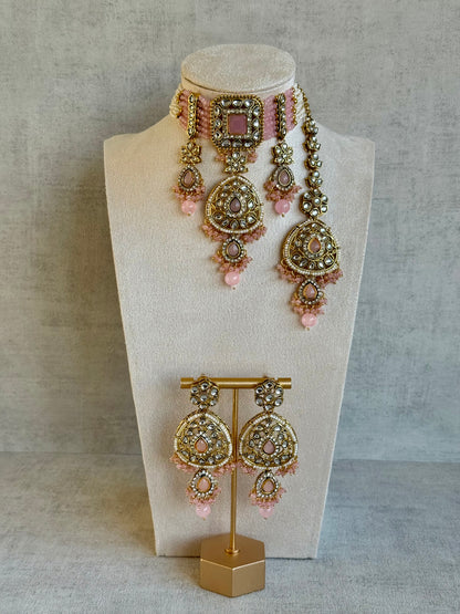 Ayura Designs Zarmeen Choker Set with Earrings & Tikka – Mirror-Cut Stones, Antique Gold Finish and Blush Pink Beads