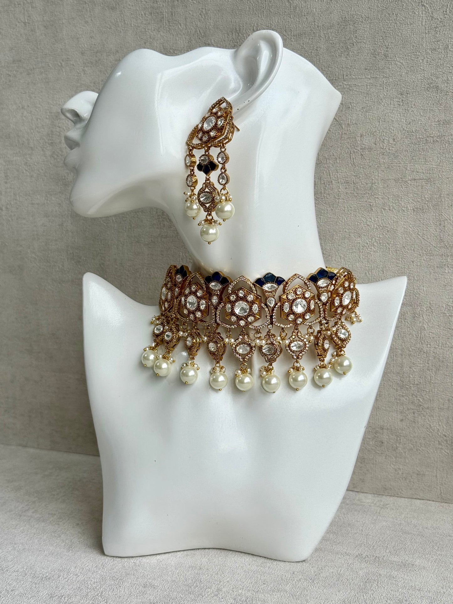 Ayura Designs Serina Choker Set with Earrings – Midnight Blue Enamel, Mirror-Cut Stones & Pearl Drops