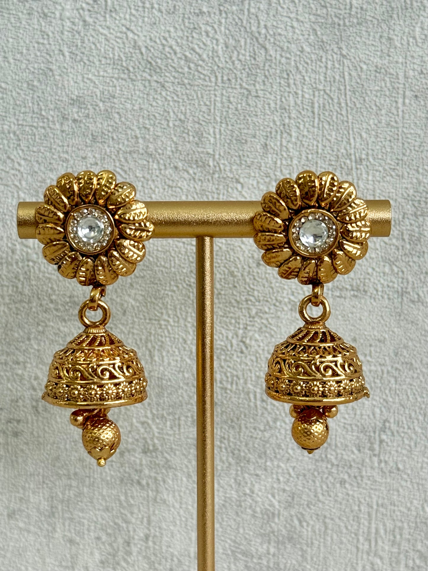 Ayura Designs Arisa Choker Set with Jhumkis – Antique Gold Floral Motifs with Ghungroo Drops