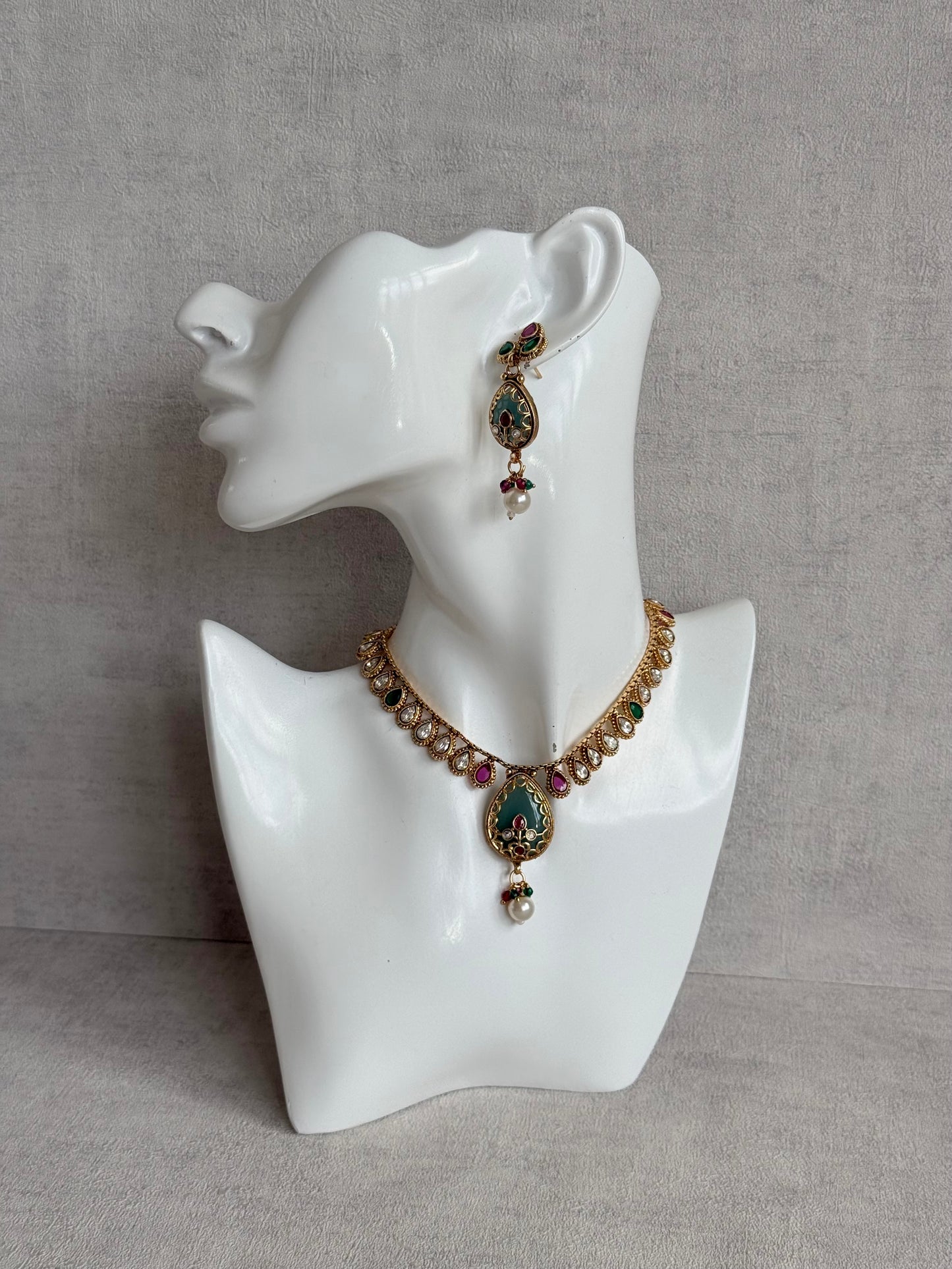 Ayura Designs Lamees Necklace Set with Earrings – Green Enamel, Emerald Green & Ruby Pink Stones with Pearl Drops