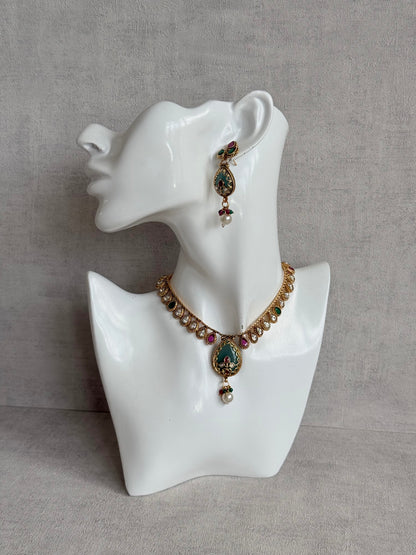 Ayura Designs Lamees Necklace Set with Earrings – Green Enamel, Emerald Green & Ruby Pink Stones with Pearl Drops